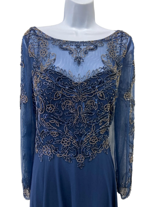 Xscape Size 12 Navy blue & gold Polyester Long Sheer Sleeves Beaded Bodice Gown Navy blue & gold / 12
