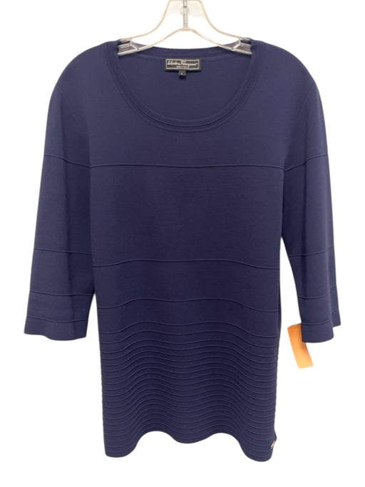 Salvatore Ferragamo Size Large Navy Blue Viscose Blend Long Sleeve Stretch Top Navy Blue / Large