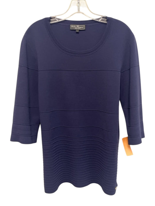 Salvatore Ferragamo Size Large Navy Blue Viscose Blend Long Sleeve Stretch Top Navy Blue / Large