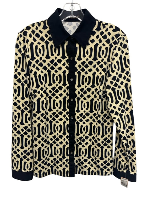 J Mclaughlin Size Small Black & Cream Viscose Blend Long Sleeve Button Front Top Black & Cream / Small
