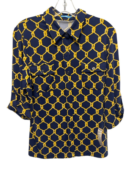 J Mclaughlin Size Medium Navy Blue & Yellow Nylon Blend Half Sleeve Ropes Top Navy Blue & Yellow / Medium