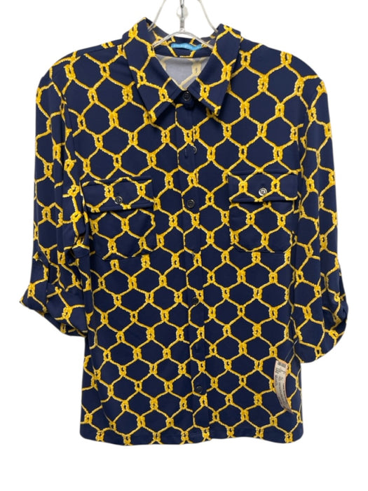 J Mclaughlin Size Medium Navy Blue & Yellow Nylon Blend Half Sleeve Ropes Top Navy Blue & Yellow / Medium