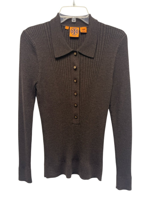 Tory Burch Size Medium Brown Wool Long Sleeve Ribbed Half Button Collar Sweater Brown / Medium