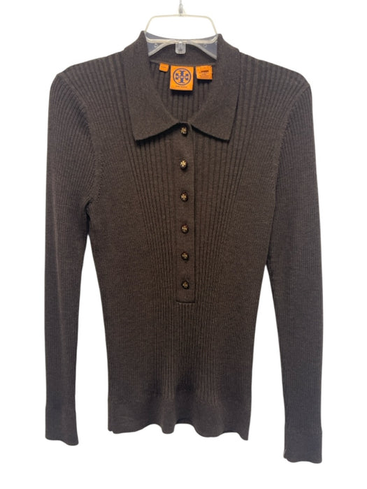 Tory Burch Size Medium Brown Wool Long Sleeve Ribbed Half Button Collar Sweater Brown / Medium