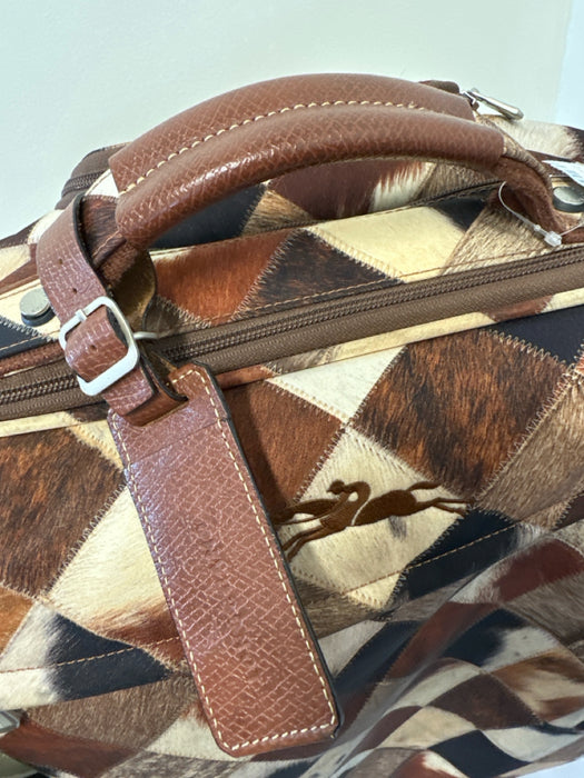 Longchamp Brown, Black, Cream Nylon Leather trim fur print Patchwork Luggage