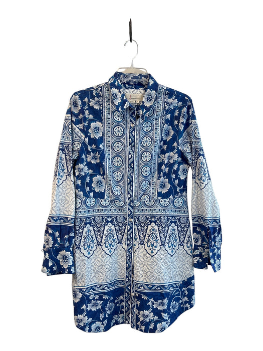 By Anthropologie Size Medium Blue & White Cotton All Over Print Collared Dress Blue & White / Medium
