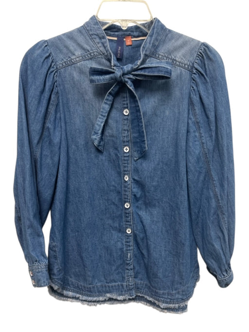 Pilcro Size XS Blue Cotton Denim Tie Neck Long Balloon Sleeve Button Down Top Blue / XS