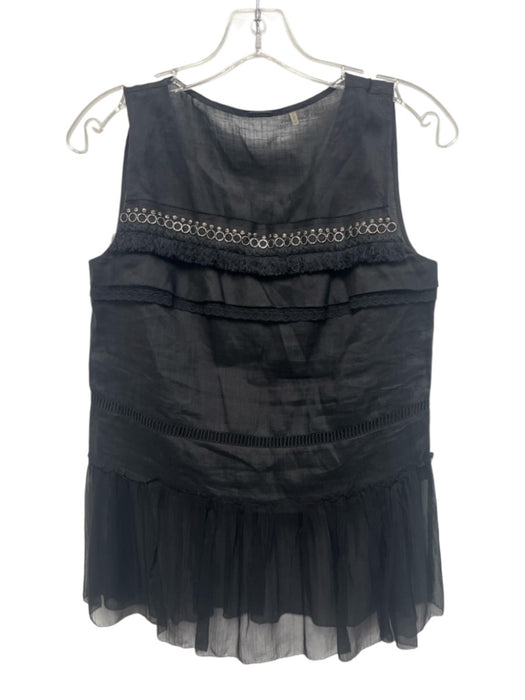Elie Tahari Size XS Black Ramie & Silk Chiffon Fringe Trim Chain Detail Top Black / XS