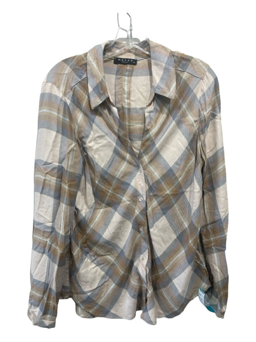 Maven West Size XS Beige & Blue Rayon Plaid Collared Button Up Long Sleeve Top Beige & Blue / XS