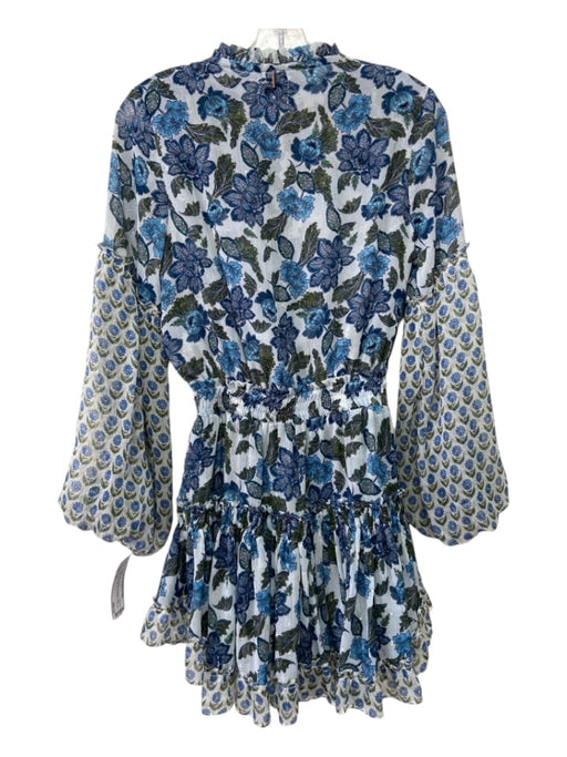 Misa Size XS White, Blue, Green Polyester Long Balloon Sleeve Floral Mini Dress White, Blue, Green / XS