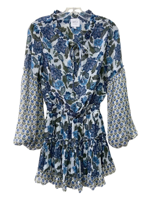 Misa Size XS White, Blue, Green Polyester Long Balloon Sleeve Floral Mini Dress White, Blue, Green / XS