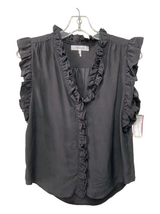 Frame Size XS Black Silk Ruffle Trim V Neck Sleeveless Top Black / XS