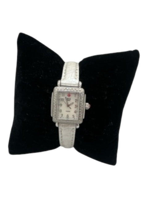 Michele White & Silver Leather & Stainless Steel Crystal Square Face Watches White & Silver