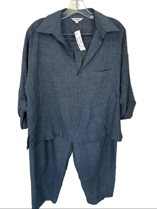 Max Studio Size M Navy Polyester Long Sleeve Elastic Waist Wide Leg Pants Set