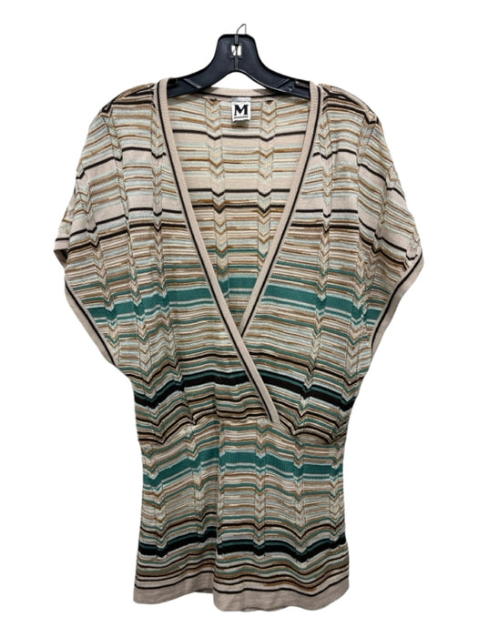 Missoni Size 10 Beige, Brown, Teal Wool Blend Chevron Short Sleeve V Neck Top Beige, Brown, Teal / 10