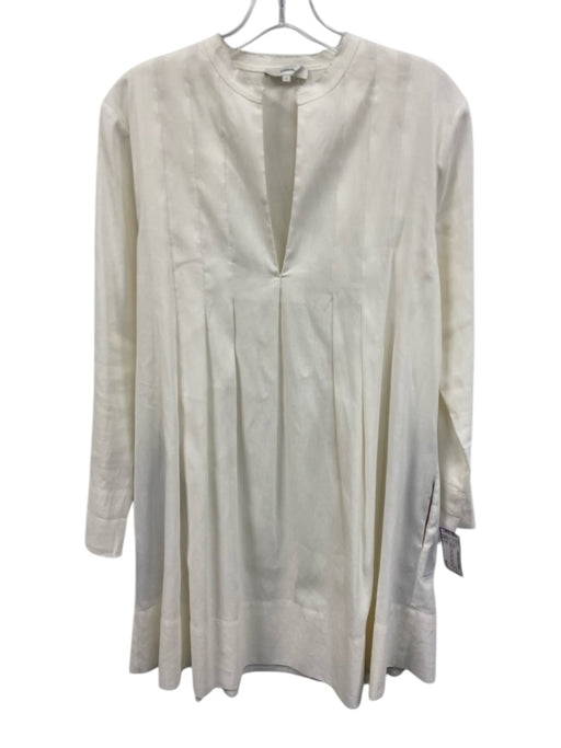 Vince Size 2 Cream Linen Blend Raw Edge Detail Pleated V Neck Knee length Dress Cream / 2