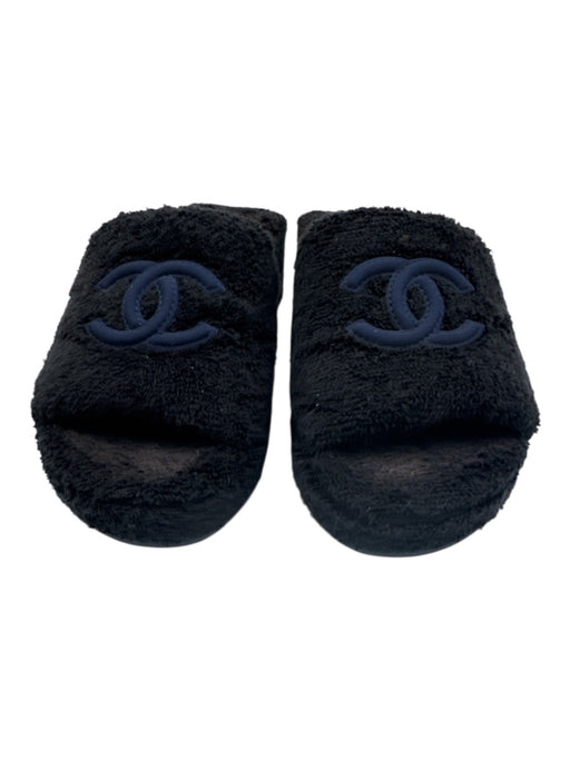 Chanel Shoe Size 38 Black & Navy Blue Terry Cloth CC Logo Slide Wedge Sandals Black & Navy Blue / 38