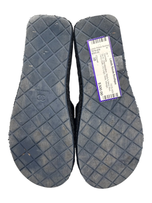 Chanel Shoe Size 38 Black & Navy Blue Terry Cloth CC Logo Slide Wedge Sandals Black & Navy Blue / 38