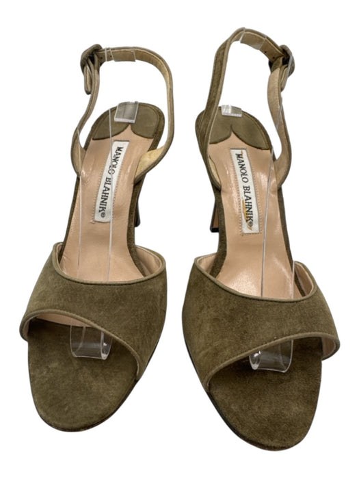 Manolo Blahnik Shoe Size 36.5 Taupe Olive Leather Upper Suede Slingbacks Taupe Olive / 36.5