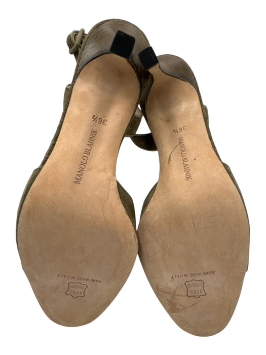 Manolo Blahnik Shoe Size 36.5 Taupe Olive Leather Upper Suede Slingbacks Taupe Olive / 36.5