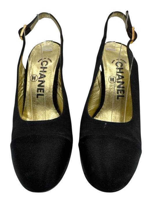 Chanel Shoe Size 36.5 Black textile upper Grosgrain Satin Toe Cap Slingbacks Black / 36.5
