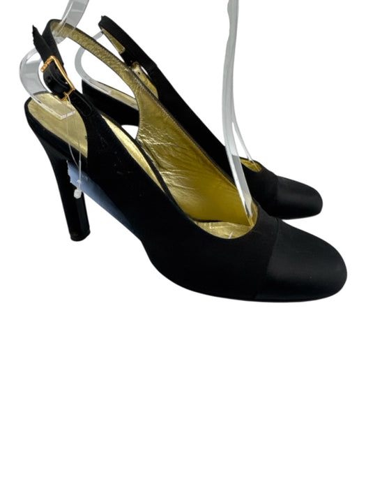 Chanel Shoe Size 36.5 Black textile upper Grosgrain Satin Toe Cap Slingbacks Black / 36.5