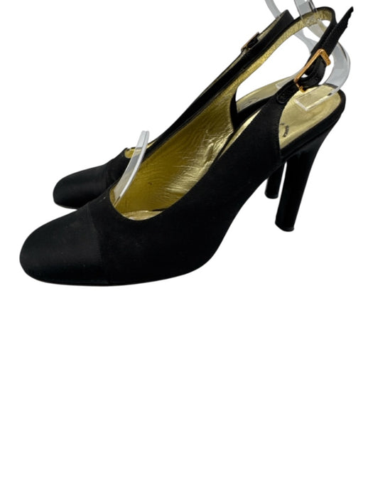 Chanel Shoe Size 36.5 Black textile upper Grosgrain Satin Toe Cap Slingbacks Black / 36.5