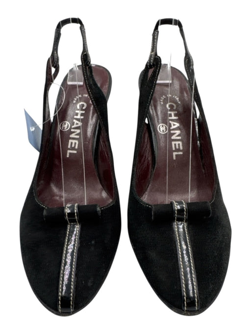 Chanel Shoe Size 36 Black Leather Upper Suede Logo Detail Almond Toe Slingbacks Black / 36