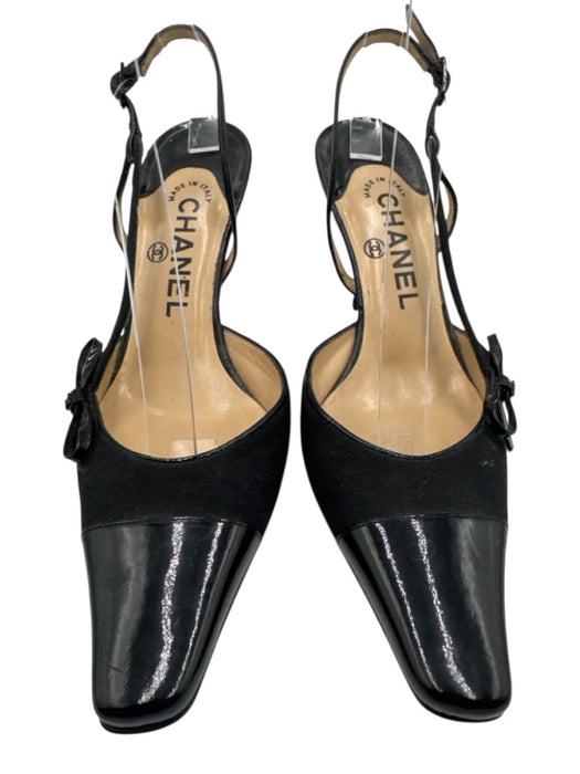 Chanel Shoe Size 36.5 Black Leather & Textile Upper Patent Toe Cap Slingbacks Black / 36.5