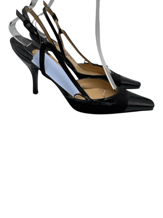 Chanel Shoe Size 36.5 Black Leather & Textile Upper Patent Toe Cap Slingbacks Black / 36.5