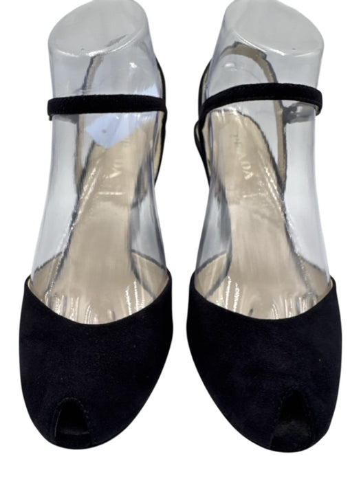 Prada Shoe Size 36 Blue Black Leather Upper Suede Ankle Buckle Peep Toe Wedges Blue Black / 36