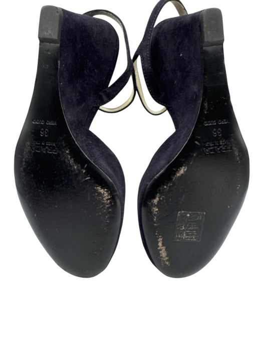 Prada Shoe Size 36 Blue Black Leather Upper Suede Ankle Buckle Peep Toe Wedges Blue Black / 36