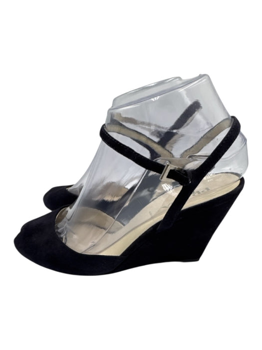 Prada Shoe Size 36 Blue Black Leather Upper Suede Ankle Buckle Peep Toe Wedges Blue Black / 36