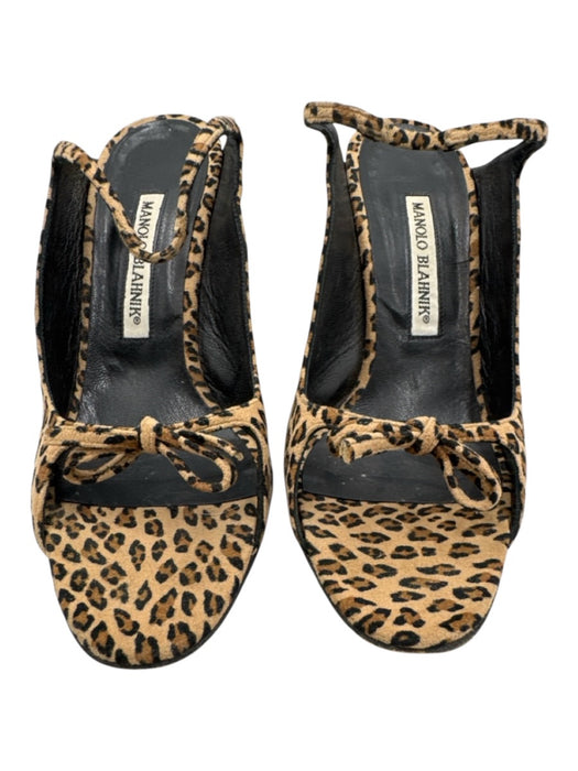 Manolo Blahnik Leopard Print Suede Slingbacks Bow Accents Open Toe Shoes Leopard Print