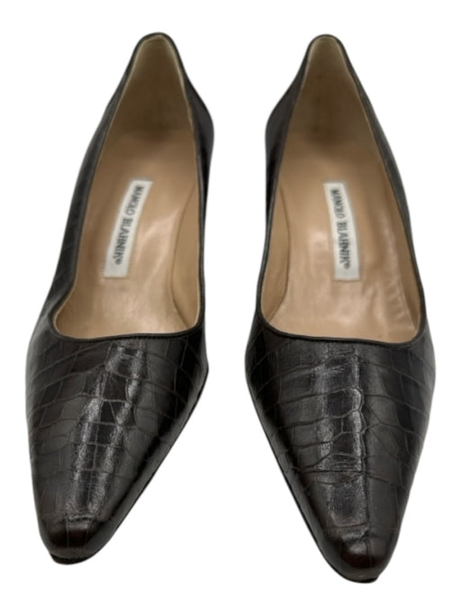 Manolo Blahnik Shoe Size 37.5 Chocolate Brown Leather Croc Embossed Pumps Chocolate Brown / 37.5