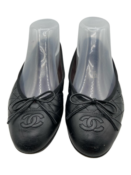 Chanel Shoe Size 37 Black Leather Quilted Cap Toe Bow Vintage Flats Black / 37