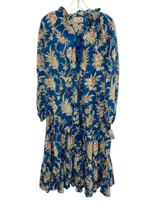 Mille Resort & Travel Size M Blue & Multi Cotton Long Sleeve Split Neck Dress Blue & Multi / M
