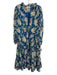 Mille Resort & Travel Size M Blue & Multi Cotton Long Sleeve Split Neck Dress Blue & Multi / M
