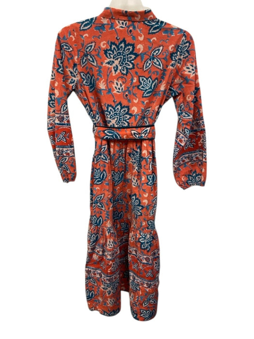 Sohana Size M Orange, Blue, White Cotton Long Sleeve Floral Print Midi Dress Orange, Blue, White / M