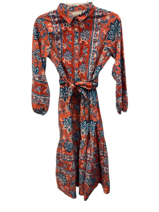 Sohana Size M Orange, Blue, White Cotton Long Sleeve Floral Print Midi Dress Orange, Blue, White / M