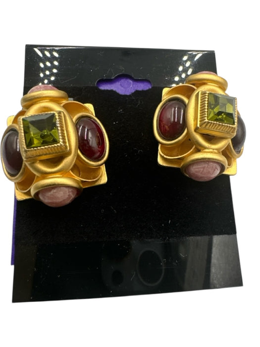 Natasha Stambouli Pink, Green, Maroon Gold Plated Gemstone Clip On Earrings Pink, Green, Maroon