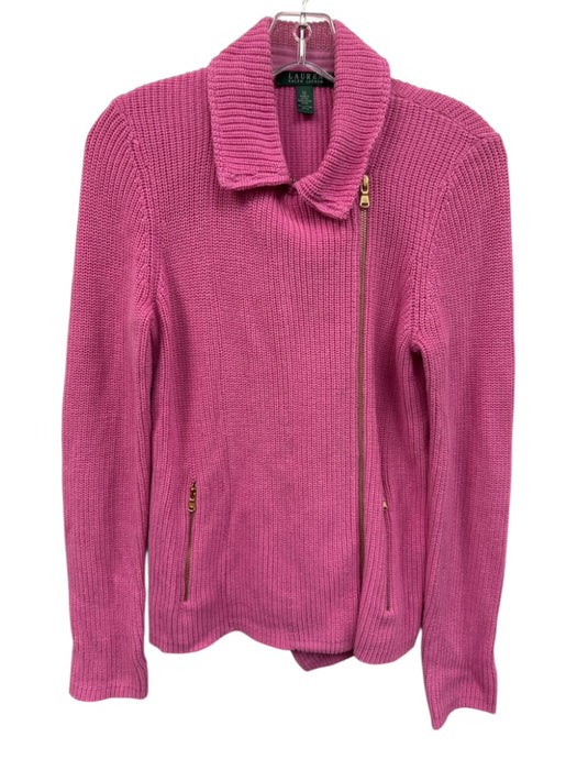 Lauren Ralph Lauren Size M Pink & Gold Cotton Rib Knit Gold Zipper Moto Sweater Pink & Gold / M