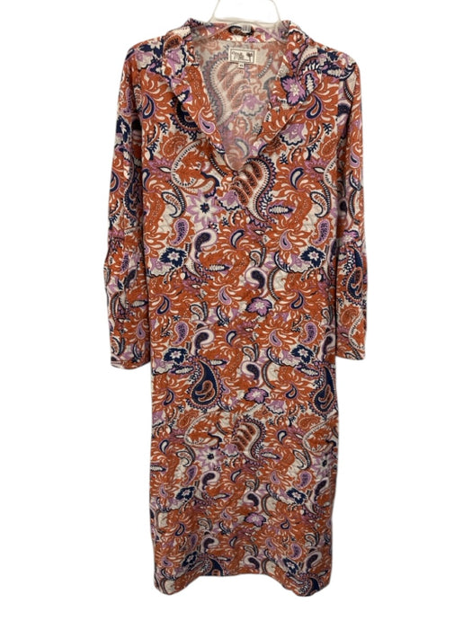 Mille Resort & Travel Size XS Orange, Navy & White Cotton & Flax V Neck Dress Orange, Navy & White / XS