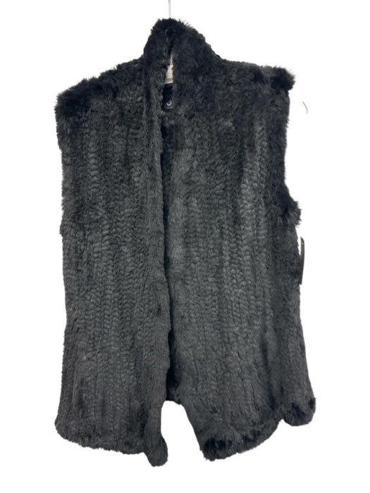 June Size S Black Cotton Blend Fur Crochet Knit Hip Length Open Front Vest Black / S