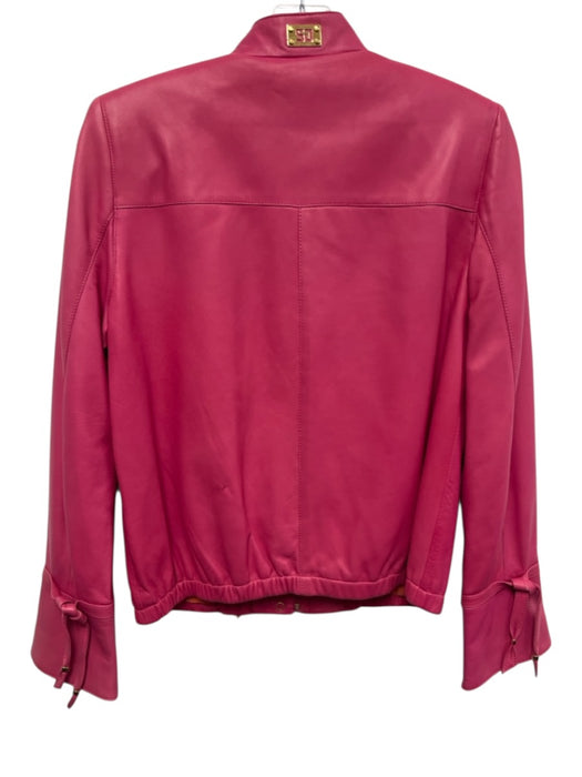 St. John Sport Size P Bubblegum Pink Leather Gold Snaps Paneled Tie Cuff Jacket Bubblegum Pink / P