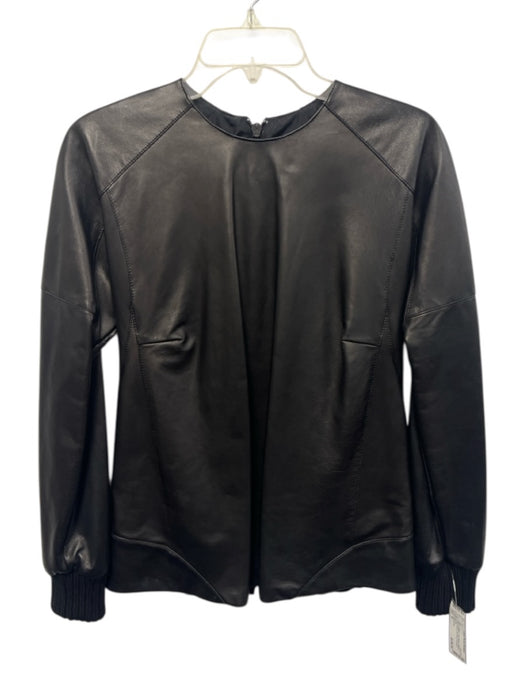 Derek Lam Size M Black Leather Long Sleeve Ribbed Cuffs Darted Zip Back Top Black / M