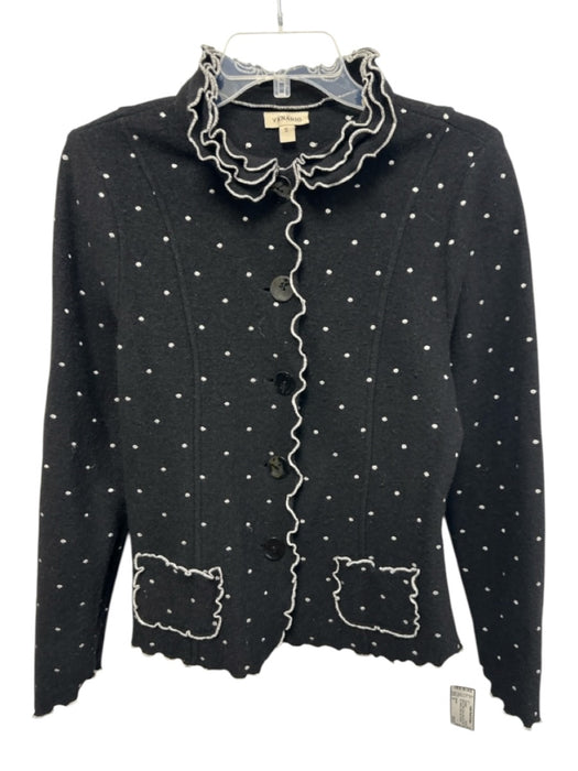 Venario Size S Black & White Wool Lettuce Hem Polka Dot Buttons Cardigan Black & White / S