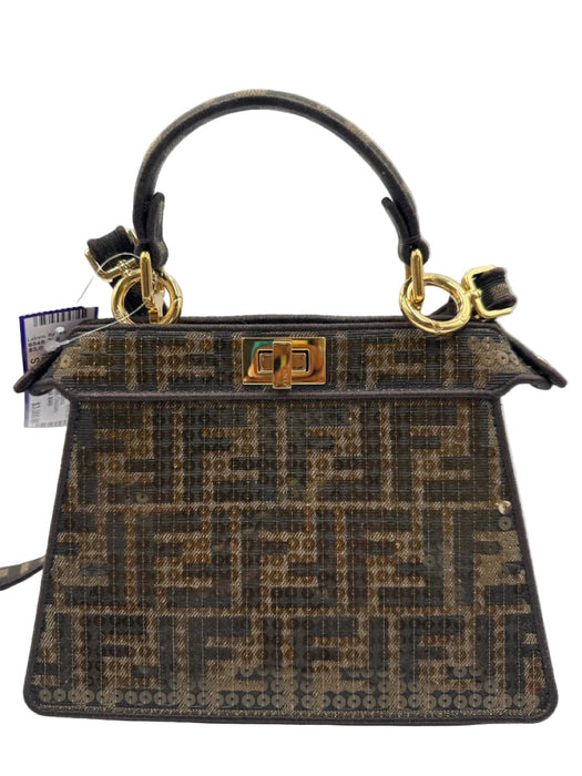Fendi Brown Canvas Sequin Zucca Monogram Top Handle Crossbody Bag