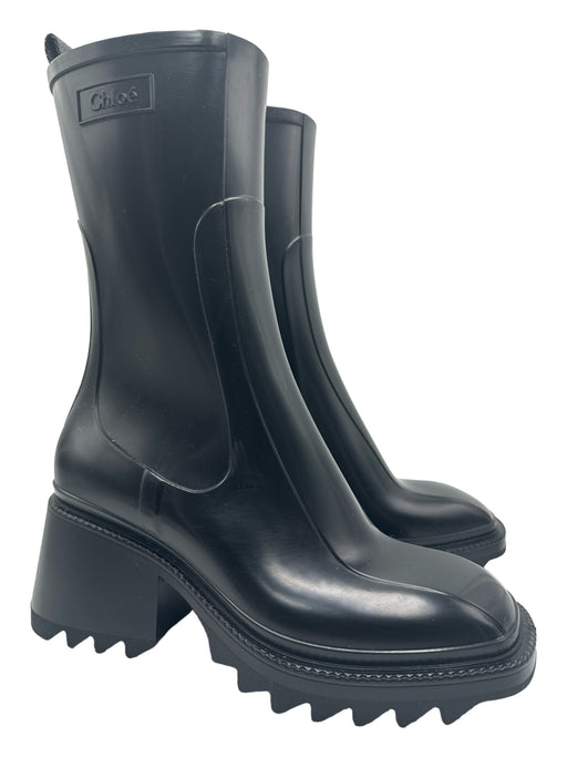 Chloe Shoe Size 37 Black Rubber Rain Boots Calf High Square Toe Block heel Boots Black / 37
