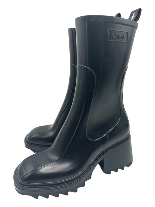 Chloe Shoe Size 37 Black Rubber Rain Boots Calf High Square Toe Block heel Boots Black / 37